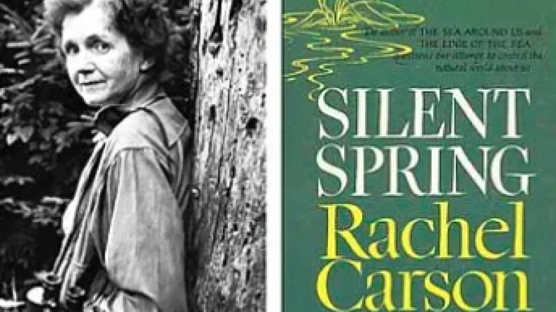 Imatge de la investigadora, divulgadora i activista, Rachel Carson, amb la portada del seu llibre “Primavera Silenciosa” (1962)