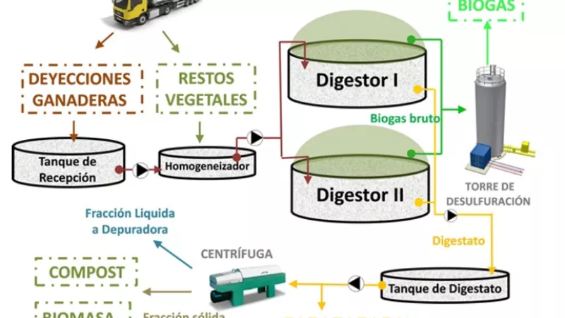 Esquema de funcionament d’una planta de biogàs (Stop Ganadería Industrial)