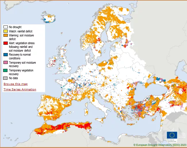 Estado de la sequía en Europa entre el 1 y el 10 de abril de 2023 (European Drought Observatory)