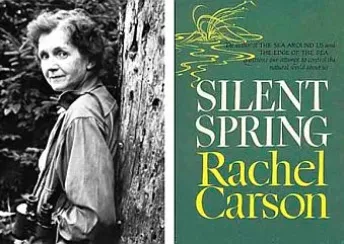 Imatge de la investigadora, divulgadora i activista, Rachel Carson, amb la portada del seu llibre “Primavera Silenciosa” (1962)