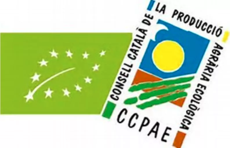 Logotip del Consell Català de la Producció Agrària Ecològica (CCPAE) sobreposat al de la Unió Europea