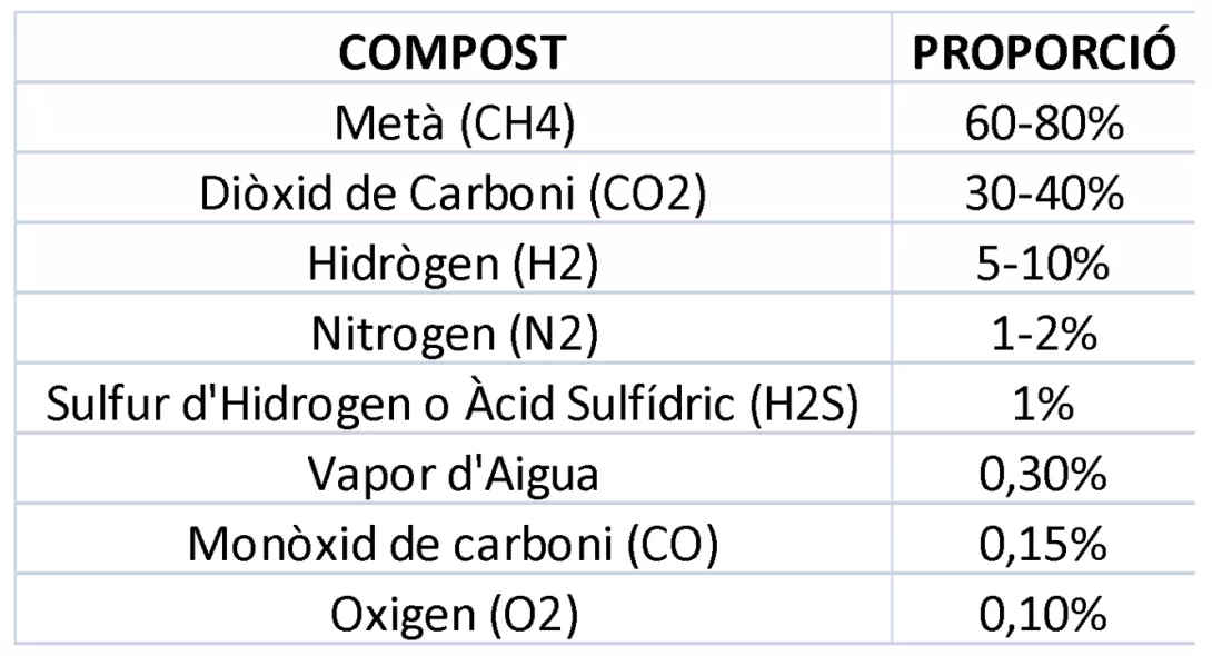 Composició d’un biogàs produït en base a una barreja on predominen els purins