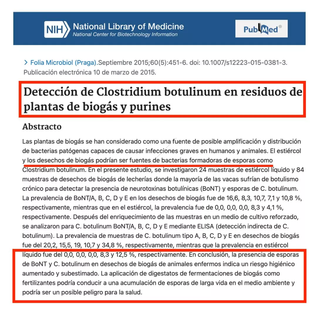 Retall de la conclusió principal de l’estudi “Detection of Clostridium botulinum in liquid manure and biogas plant wastes” que identifica una bacteria perillosa als excrements utilitzats per al biogàs (National Library of Medicine, 2015)