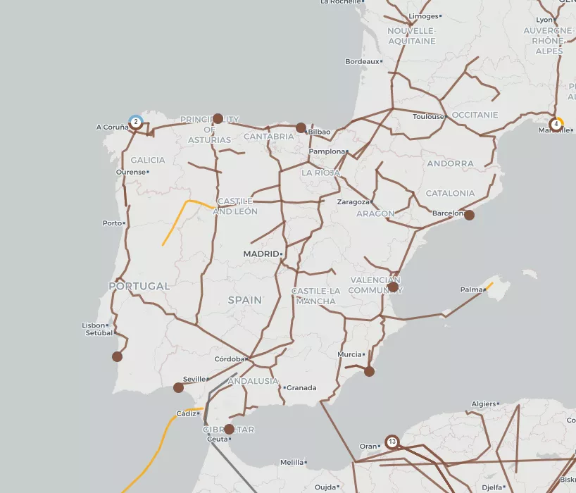 Mapa amb els gasoductes principals de l’estat espanyol on de manera prioritària s’ubiquen les grans centrals de biogàs (Global Gas Infraestructure Tracker)