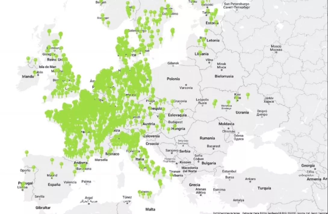 Plànol amb les plantes de biogàs que actualment funcionen a Europa (Residuos Profesional, Juliol 2024)