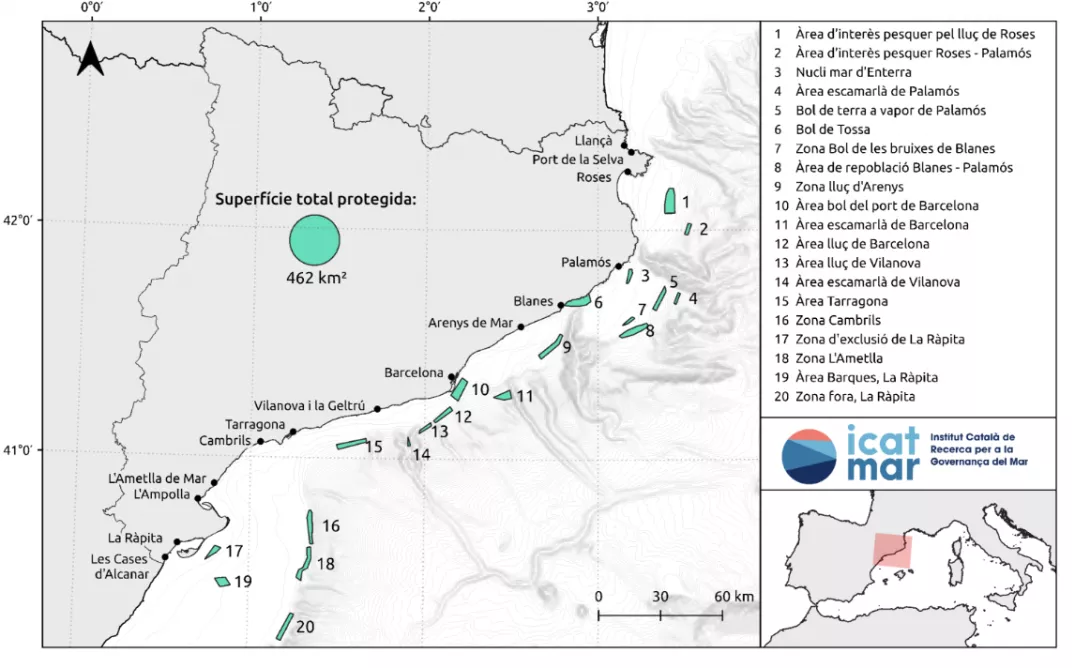 Les 20 zones amb vedats de pesca demersal a Catalunya (ICATMAR, 2022)