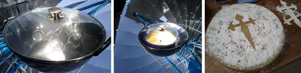 La elaboración de la tarta de Santiago en la cocina solar parabólica y el resultado final.